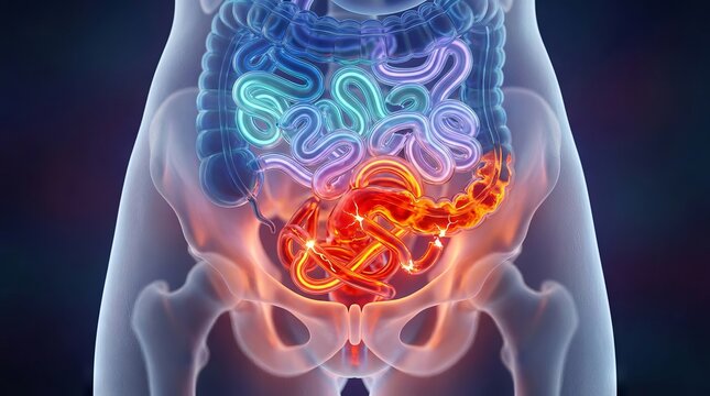 Medical 3D illustration of human small intestine inflammation and abdominal pain.