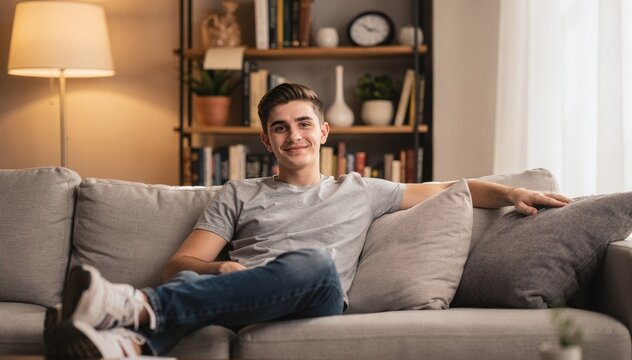 Relaxed young man in gray t-shirt and jeans leisurely sits on a comfortable sofa at home, smiling confidently at the camera amidst a cozy living room setup with warm lighting and a bookshelf