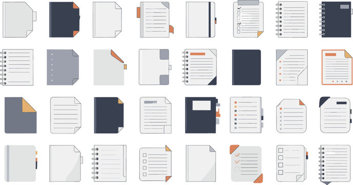 Document file and notebook icons with pages checklists folders and planner graphics