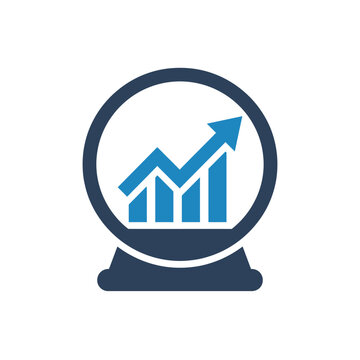 Business growth forecast icon with rising bar chart in a crystal ball.