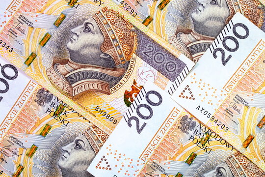 Multiple 200 Polish Zloty banknotes with portrait of King Sigismund I the Old. Currency of Poland. Money of European country.