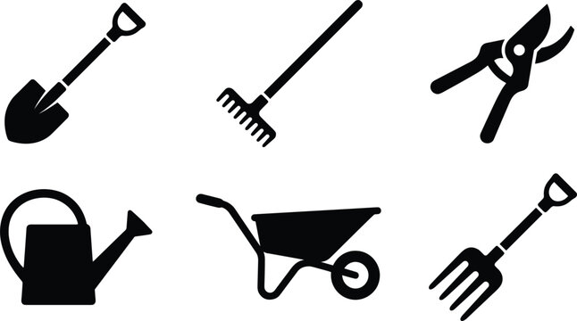 Gardening and Farming Tools Silhouette Icon Set Featuring Shovel, Rake, Pruning Shears, Watering Can, Wheelbarrow, and Garden Fork Vector Illustrations