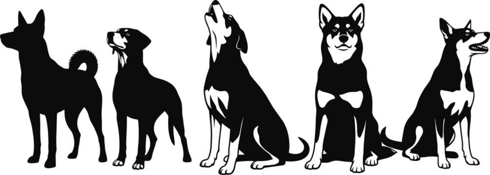 Dog Silhouette Set, Sitting and Standing Poses, Black and White Vector Icons, Pet Behavior Illustration, Minimal Style