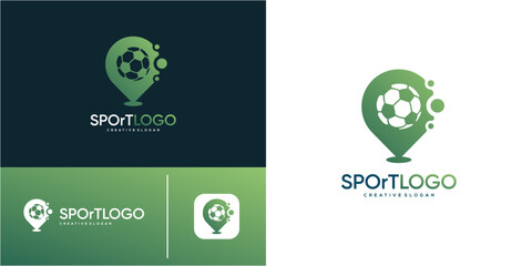 Obraz premium Soccer football with pin map point location for sport logo design idea. Geometric abstract vector icon green gradient.