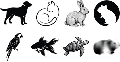 Domestic pets silhouette vector bundle featuring dog labrador cat line art stippling rabbit hamster geometric macaw parrot goldfish sea turtle and halftone guinea pig isolated on white background © SHEMA