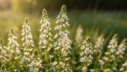 Fototapeta premium Sun-drenched field of delicate white blossoms, vibrant green foliage, illuminating the beauty of nature's simple elegance in a serene outdoor setting at golden hour