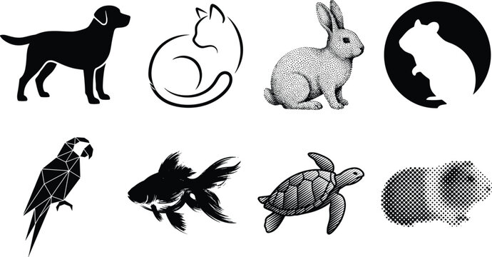 Domestic pets silhouette vector bundle featuring dog labrador cat line art stippling rabbit hamster geometric macaw parrot goldfish sea turtle and halftone guinea pig isolated on white background