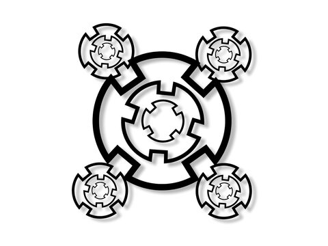 ​Symmetrical graphic layout featuring interlocking mechanical cog wheels with shadows over a white backdrop.