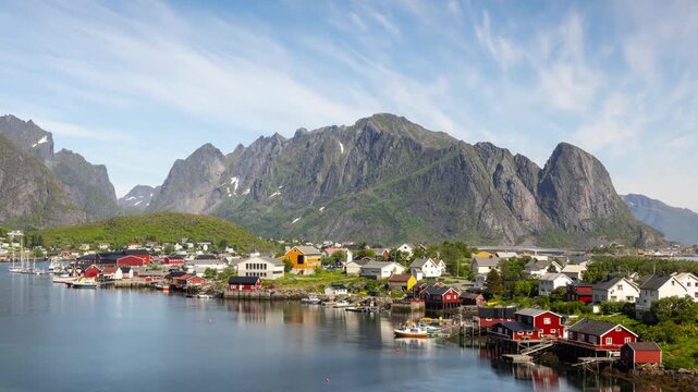 Time lapse of the clouds moving above he small town of Hamnoy in the Lofoten Islands in Northern Norway.
