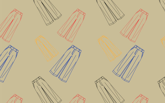 Seamless pattern with handdrawn fashion illustration of wideleg trousers stylish clothing design, trendy apparel sketch, repeating background for textile, fabric, wallpaper, wrapping paper