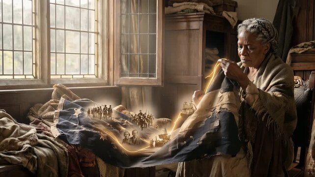 Elderly Black woman mending tattered American flag with glowing thread, historical scenes emerging, symbolizing national resilience and history.