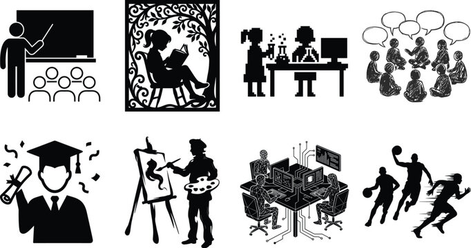 Education and student activities black silhouettes set featuring classroom teaching reading science lab group discussion graduation painting computer coding and sports vectors