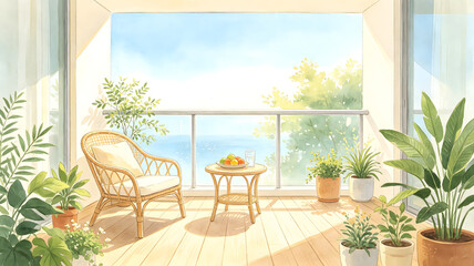 Fototapeta premium Summer home balcony hand drawn illustration background