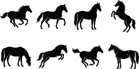 Obraz premium Elegant horse silhouette vector bundle featuring standing, rearing, galloping, and grazing poses for creative design projects