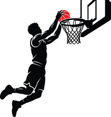 Basketball player silhouette dunking a red ball into the hoop vector illustration representing sports, fitness, athletic action, slam dunk, and championship game concept. © shabbirahmed