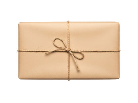 Elegant gift wrapped in brown paper with jute string bow isolated on transparent background