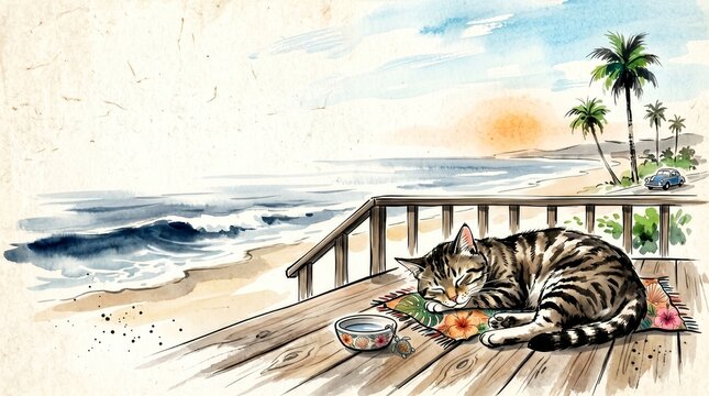 Watercolor illustration of a cat sleeping on a wooden deck by the sea
