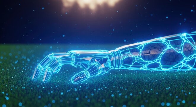 Futuristic glowing robotic arm reaching out in dark digital space illustration futuristic