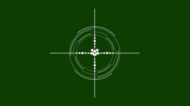 Futuristic squad finder gun sight sniper scope looping motion asset, neon white military cross hair with group user icon, tactical team target symbol on green screen 4k.