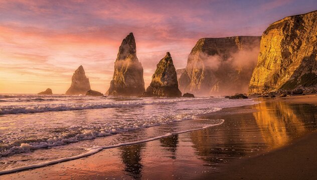 Dramatic coastal landscape with towering sea stacks and rugged cliffs bathed in the warm, ethereal glow of a vibrant sunset over the tranquil ocean waters