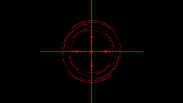 A glowing red electronic cross hair and circular target HUD interface pulse on a dark background. Ideal for Sofia video games, security system visuals, and technology overlays.