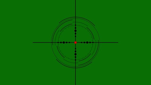 Cross hair gun sight sniper scope looping motion graphic, futuristic target aim HUD element, weapon cross hair symbol on chroma key green screen background 4k loop.