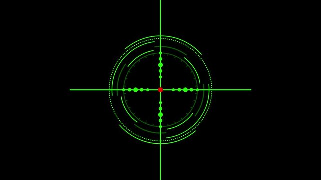 Futuristic gun sight rifle scope target indicator motion asset, green glowing military cross hair interface element, tactical weapon aiming radar symbol on black background 4k.