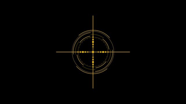 Futuristic gun sight rifle scope target indicator motion asset, gold glowing military cross hair interface element, tactical weapon aiming precision symbol on black background 4k.