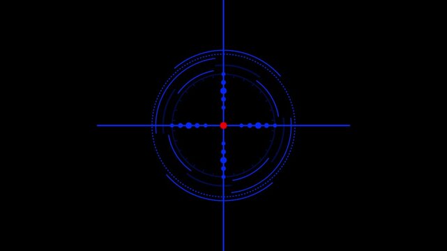 Animated gun sight rifle scope target indicator motion asset, blue glowing military cross hair interface element, tactical weapon aiming precision symbol on black background 4k.