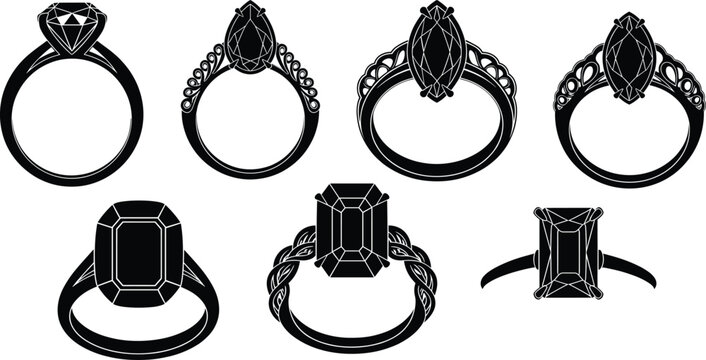 Elegant engagement ring collection, marquise and emerald cut diamond designs, luxury jewelry set, vector illustration