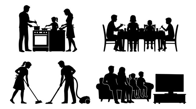 Silhouettes of people doing household chores.