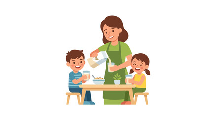 Obraz premium Mother pouring milk for happy children at breakfast table, healthy food concept