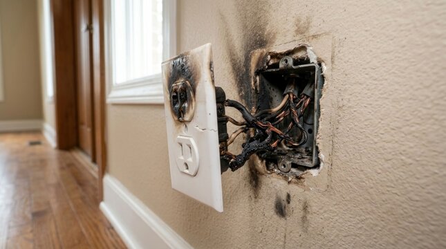 Damaged Electrical Outlet Causing Fire Hazard and Wall Burn Marks.