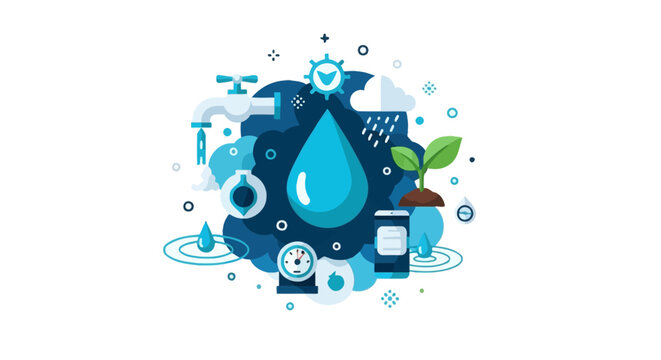 Smart Water Management and Conservation Concept Illustration with Faucet, Water Drop, Plant, and Technology Icons for Sustainable Environment
