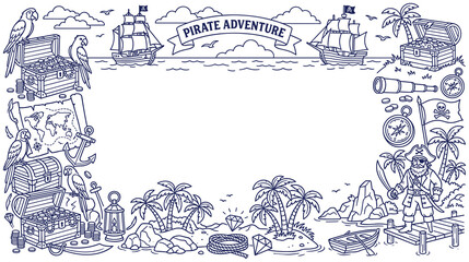 Fototapeta premium Pirate adventure map with treasure and ships border frame design element.