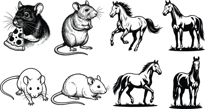 Black and White Animal Vector Icon Set Featuring Detailed Hand Drawn Illustrative Style Elements of Stallions, Standing Horses, Wild Rats, and Mice