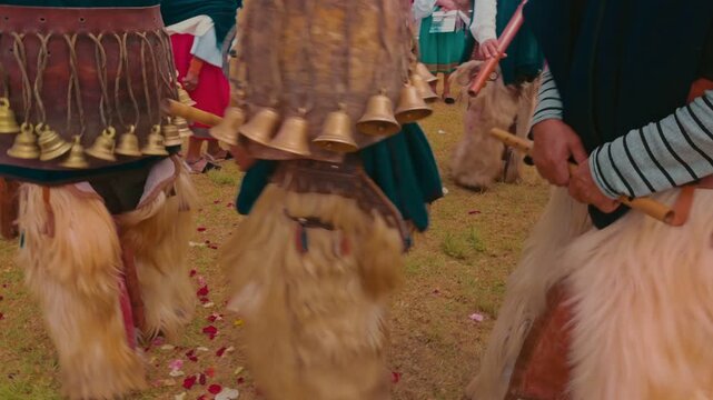 Traditional Dance of Elderly Campanilleros de Angla with Bronze Bells and Reed Flutes in Angla, Imbabura, Ecuador