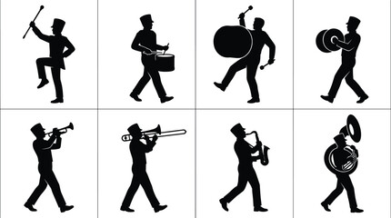 Marching Band Musician Silhouette Collection with Percussion and Brass Instruments © MdTanvir