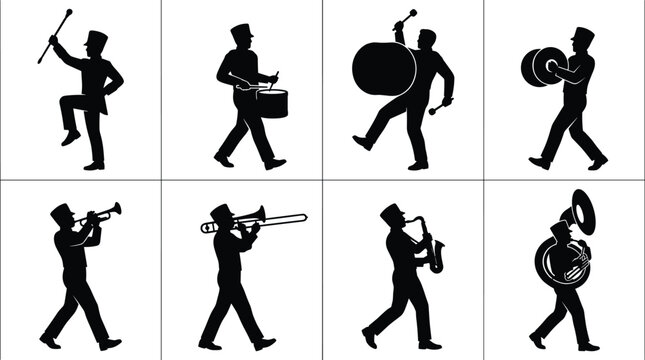 Marching Band Musician Silhouette Collection with Percussion and Brass Instruments