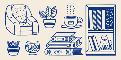 Home Comfort Items Illustration Blue Line Art On Beige Background © Juran