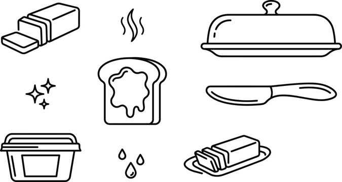 Butter and toast breakfast vector elements set featuring butter dish knife tub block slices and toast bread
