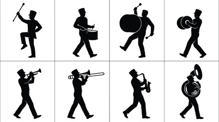 Marching Band Musician Silhouette Set with Brass and Percussion Instruments © MdTanvir