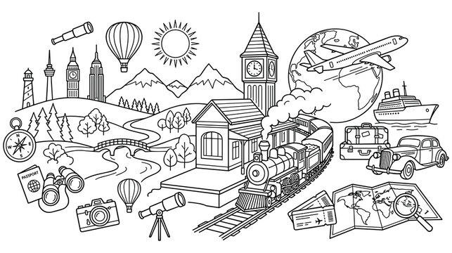 Travel and adventure theme doodles with landmark icons and transport motifs.