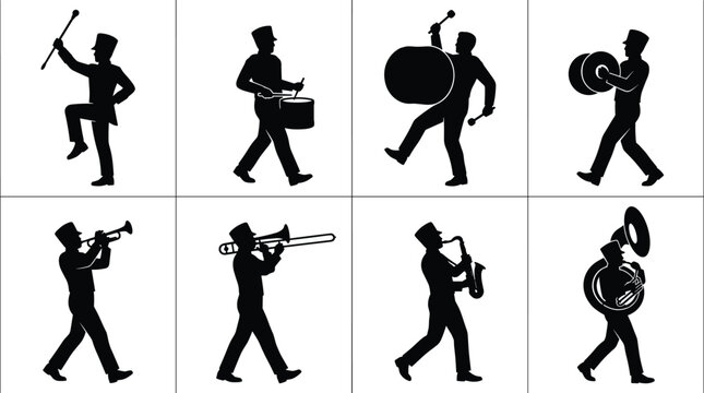 Marching Band Musician Silhouette Set with Brass and Percussion Instruments