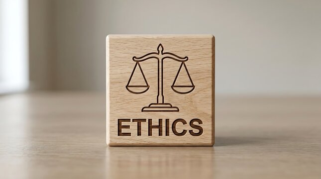 Ethics and justice concept on wooden block, scales of justice icon with ethics text, moral principles and corporate compliance in legal business setting
