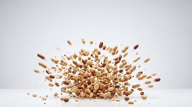 Dynamic explosion of roasted peanuts and shelled nuts flying in mid-air against a clean white studio background for food marketing