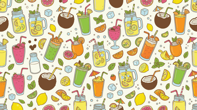 Refreshing summer cocktail and tropical fruit seamless pattern.