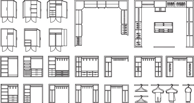 Closet and Wardrobe Interior Design Vector Set Featuring Various Storage Configurations and Organization Systems for Home Planning