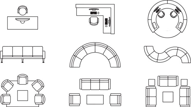 Furniture top view floor plan symbols set including office desks sofas and lounge seating vector illustration