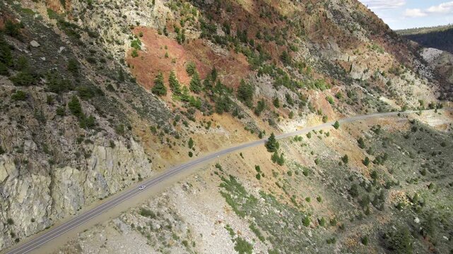 Aerial of a road through the mountains at Tioga Pass just outside of Yosemite inCalifornia.